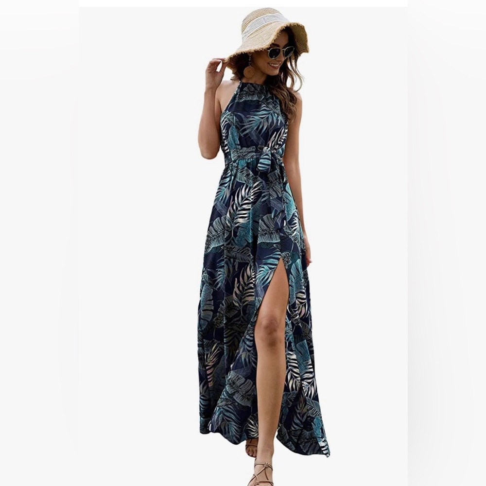 Women's Summer Tropical Floral Print Halter Neck Split Maxi Dress